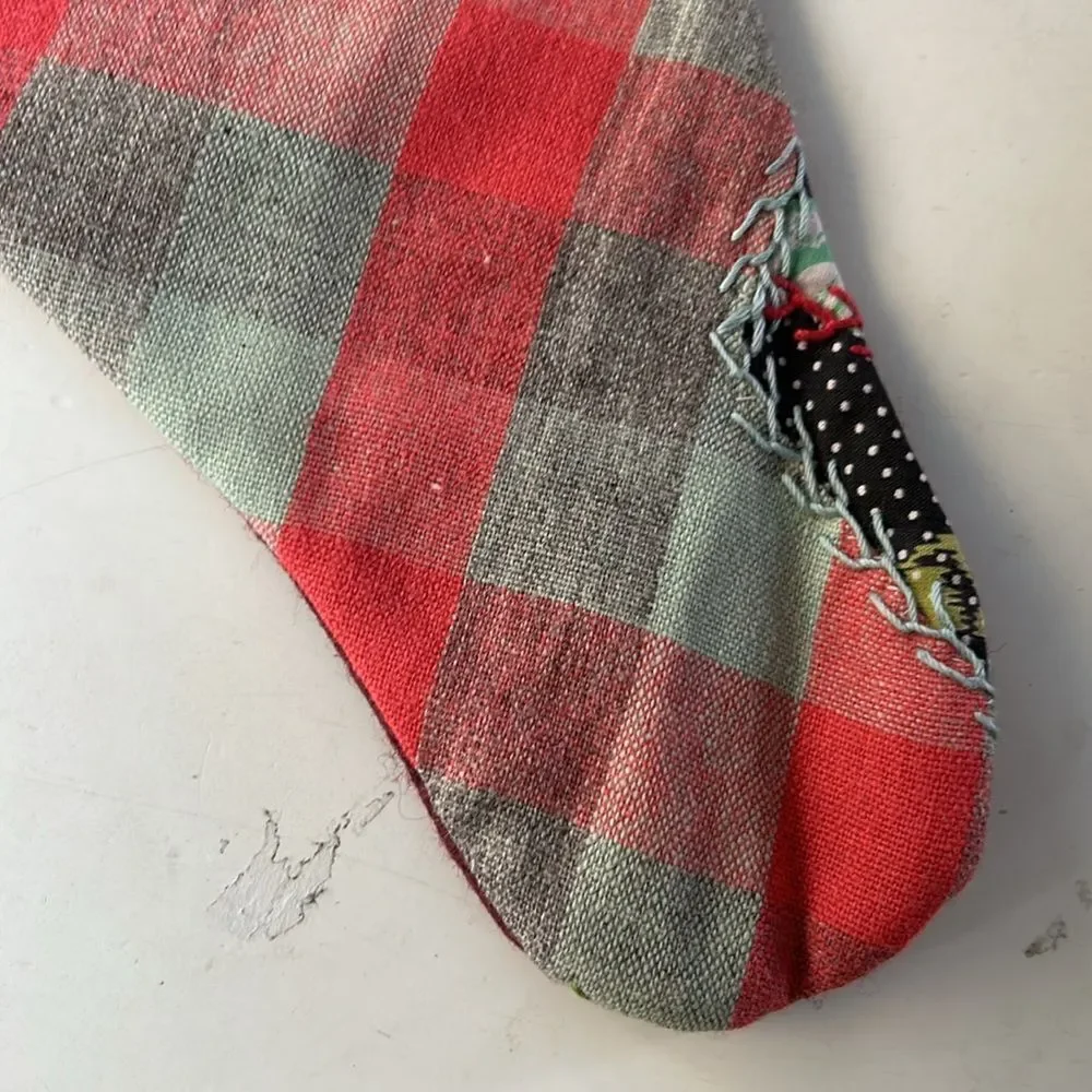 Two vintage handmade embroidered patchwork Christmas stockings